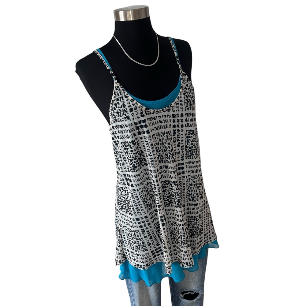 Vintage abstract layered slip dress black white blue M